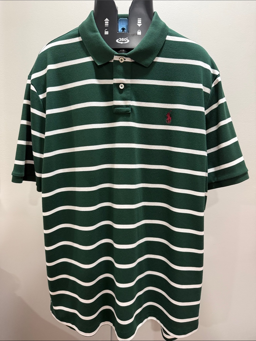 Men Polo by Ralph Lauren Green & White Striped Polo with Red Pony